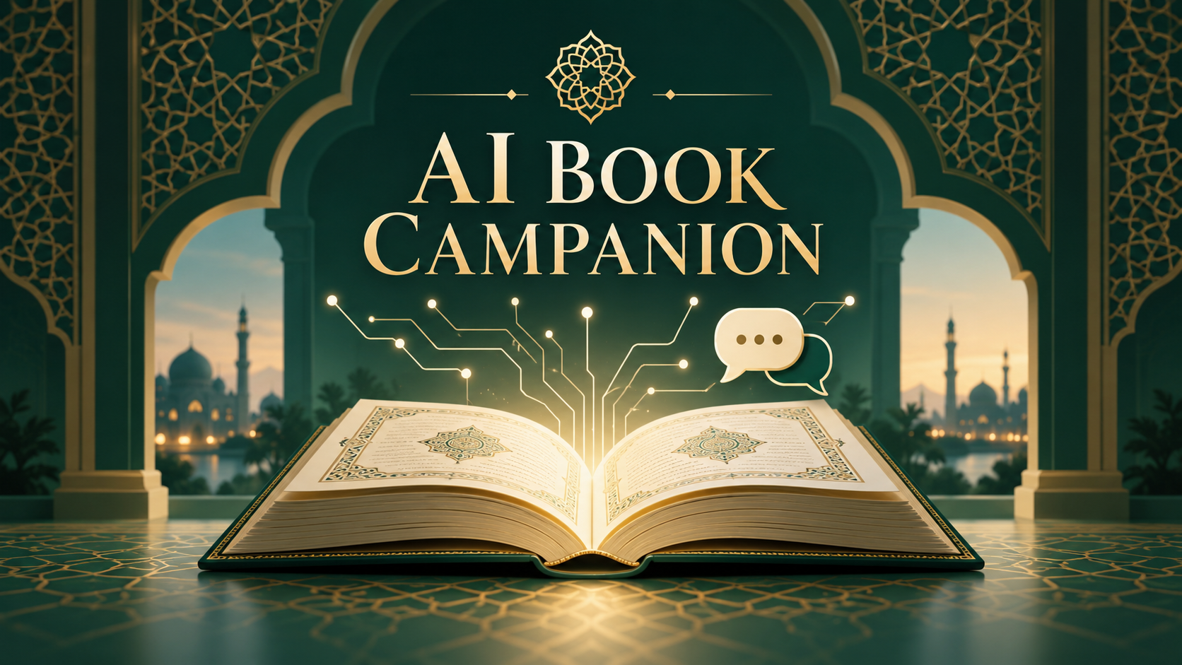 AI Book Campanion: an open book with AI connections and chat bubbles