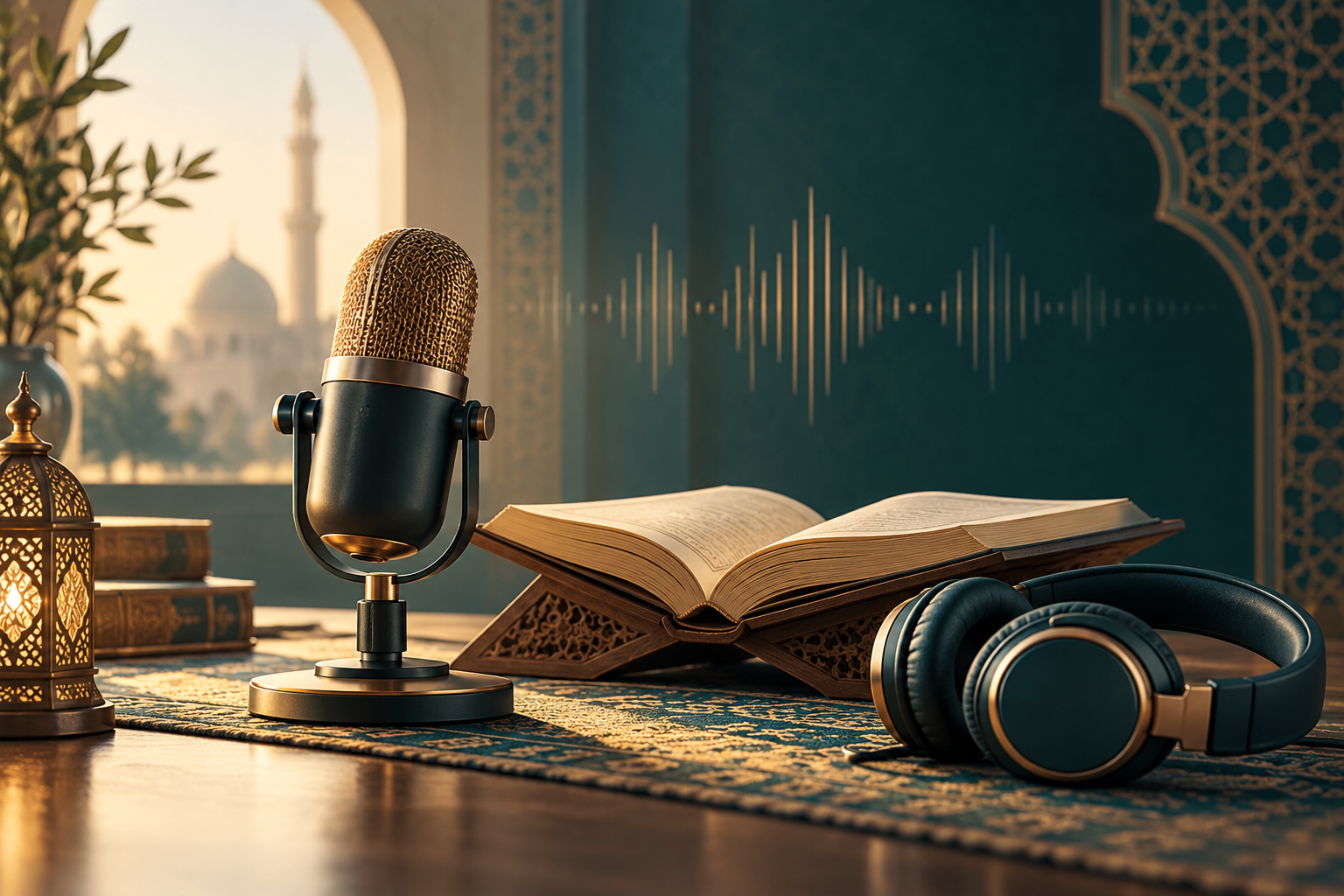 A podcast microphone, headphones, and an open book in a warm teal and gold study